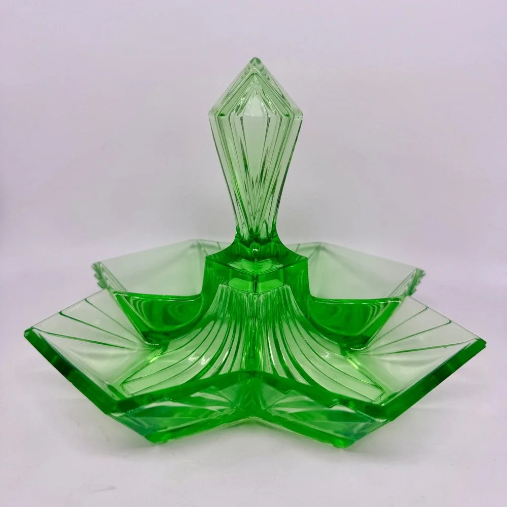 Vintage Uranium Glass Divided Candy Dish Art Deco Green Glow Tray Centerpiece